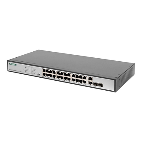 Ein schwarzer PoE Switch, 24-Port, mit silbernem Akzentstreifen und Anschlüssen.
