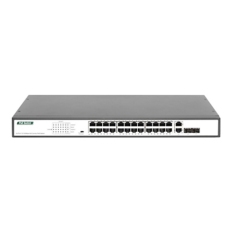 Grauer PoE Switch mit zahlreichen Ports und Kontrollleuchten. Die Beschriftung lautet "PoE Switch" und "24-Port 10/100Mbps+2G Combo PoE Switch".