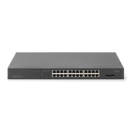 Schwarzer Netzwerk-Switch mit Ports und Beschriftung. Marke DIGITUS.