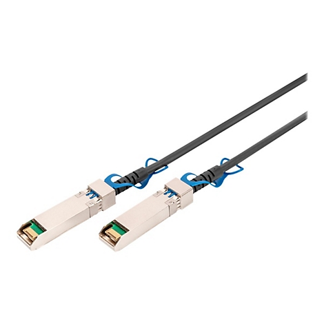 Zwei SFP-Kabel mit Metallgehäuse, schwarzen Kabeln und blauen Befestigungen, vor weißem Hintergrund.