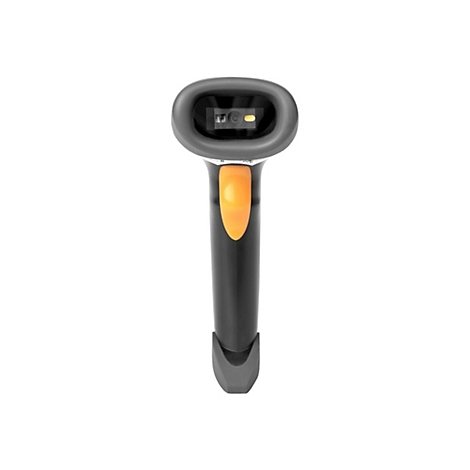 Ein Barcode-Scanner in Schwarz und Grau mit einem orangefarbenen Knopf.