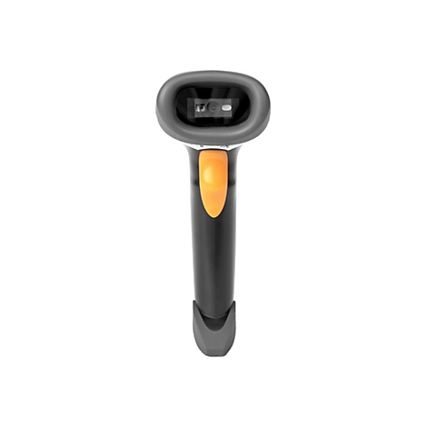 Schwarz-grauer Barcode-Scanner mit orangefarbenem Knopf. Perspektive von oben.