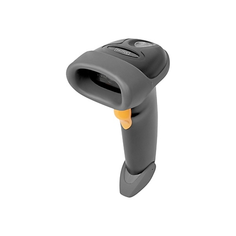 Ein grauer Barcode-Scanner mit orangenem Knopf. Das Produkt ist auf weißem Hintergrund abgebildet.