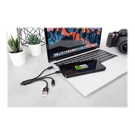 Ein Laptop mit einem angeschlossenen Ladekabel, an dem ein Smartphone angeschlossen ist. Auf dem Laptop liegen eine Kamera und Topfpflanzen.