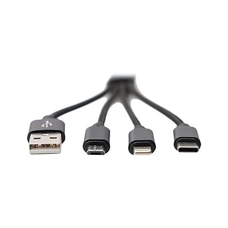 Mehrfach-Ladekabel mit USB-A-, Micro-USB-, Lightning- und USB-C-Anschlüssen.