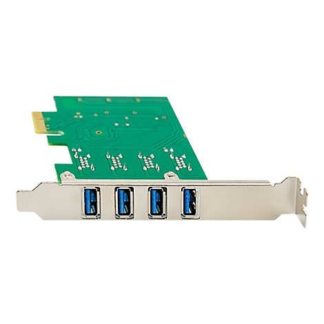 Eine USB 3.0 Erweiterungskarte, grün mit silbernen Anschlüssen, vor weißem Hintergrund.