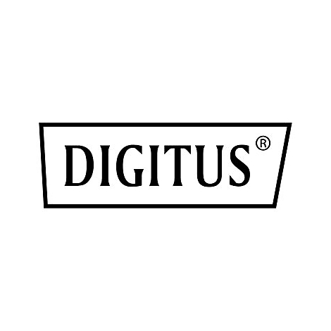 Logo von DIGITUS in einem rechteckigen Rahmen mit abgeschrägter Ecke, schwarze Schrift auf weißem Grund.
