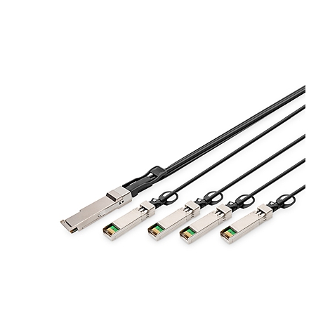 Mehrere metallische Netzwerkstecker, verbunden durch schwarze Kabel. Ein Stecker hat einen schwarzen Verschluss.