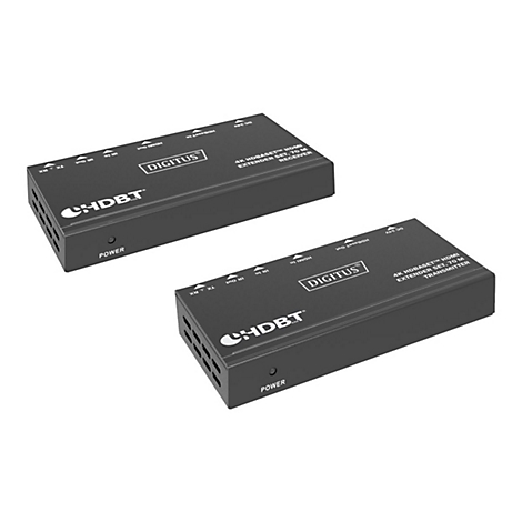 Zwei schwarze HDMI-Extender von "DIGITUS", mit Beschriftungen wie "HDMI Out", "HDBaseT In", und "POWER".
