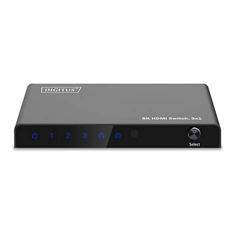Commutateur HDMI noir avec LED bleues et l'inscription 8K HDMI Switch, 3x1, bouton Select.