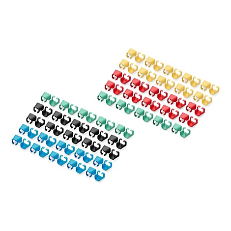 Plusieurs serre-câbles colorés disposés sur fond blanc.