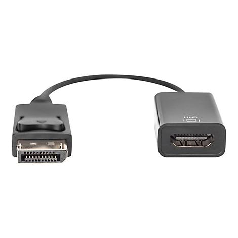 Adaptateur DisplayPort vers HDMI noir avec câble, sur fond blanc. Le connecteur HDMI affiche le mot UHD.