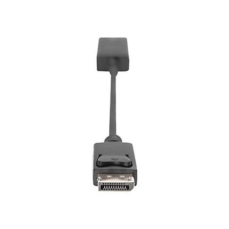 Un câble DisplayPort noir avec connecteur et adaptateur, sur fond blanc.