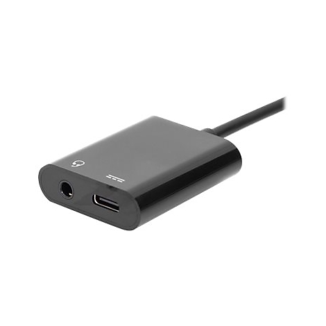 Adaptateur noir USB-C vers prise casque 3,5 mm. L'adaptateur possède une prise casque, un port USB-C et un câble.