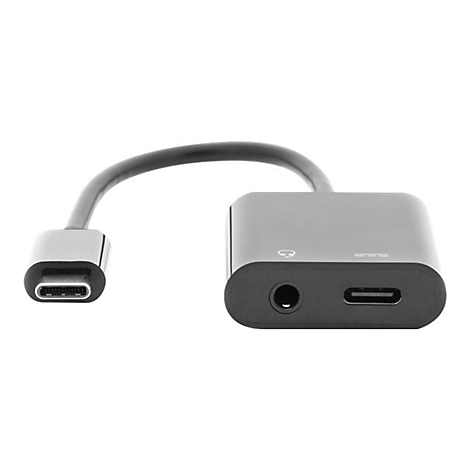 Adaptateur audio USB-C vers 3,5 mm gris avec connecteurs argentés et câble noir.