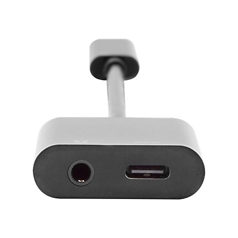 Gros plan d'un adaptateur USB-C argenté avec une prise casque et un port USB-C.
