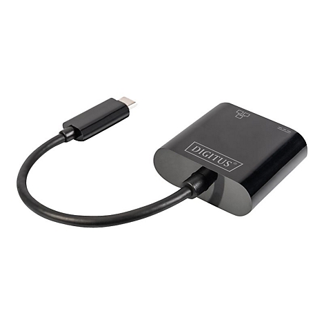 Adaptateur USB-C noir avec câble. Le boîtier de l'adaptateur indique 'DIGITUS'.