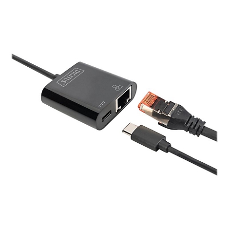 Un adaptateur USB-C vers Ethernet noir de Digitus, avec des câbles et un fond blanc.