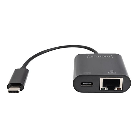 Un adaptateur USB-C vers Ethernet noir avec un logo DIGITUS.
