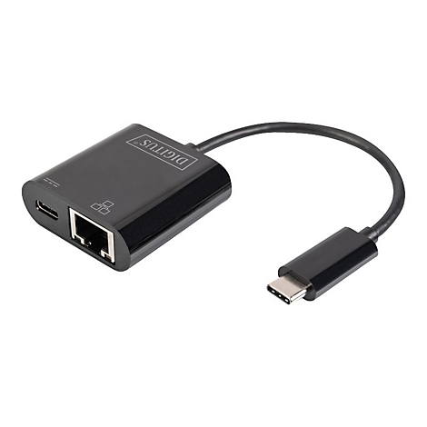 Adaptateur Ethernet Digitus USB-C noir. Il possède un connecteur USB-C et un port RJ45.
