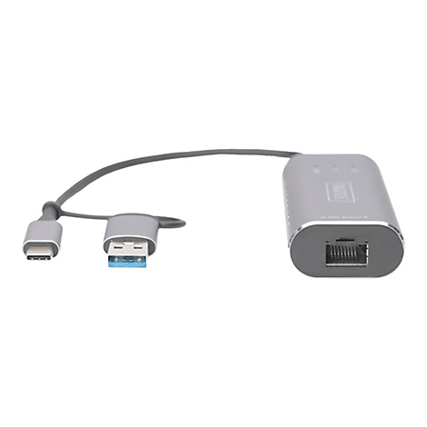 Adaptateur USB-C gris avec ports USB-A et Ethernet, sur fond blanc.