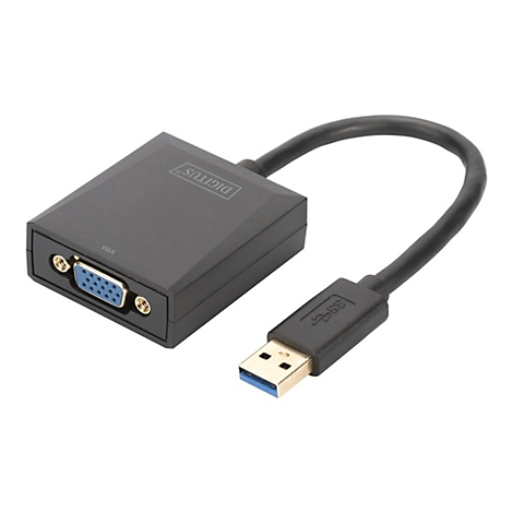 Adaptateur VGA vers USB noir avec logo DIGITUS et connecteur USB bleu.