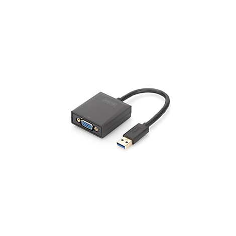 Un adaptateur USB vers VGA noir avec un connecteur bleu. L'adaptateur possède un port VGA et une prise USB.