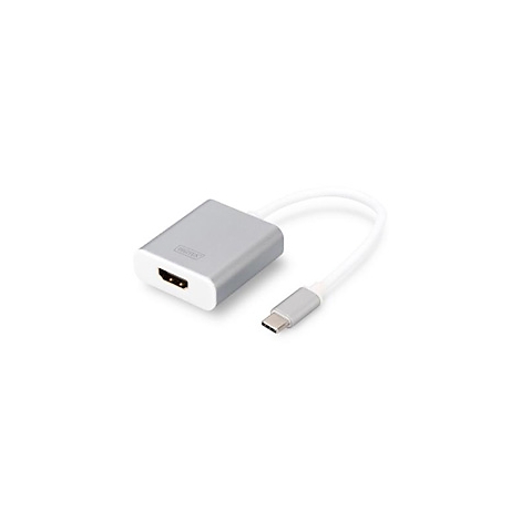 Un adaptateur HDMI gris avec un câble blanc et un connecteur USB-C, isolé sur fond blanc.