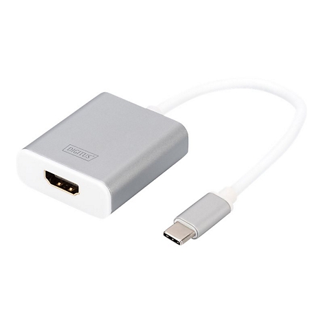 Adaptateur avec ports HDMI et USB-C. L'adaptateur est argenté avec un câble blanc. Marque : Digitus.