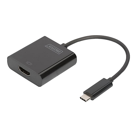 Adaptateur USB-C vers HDMI noir. Boîtier noir avec port HDMI et texte DIGITUS.