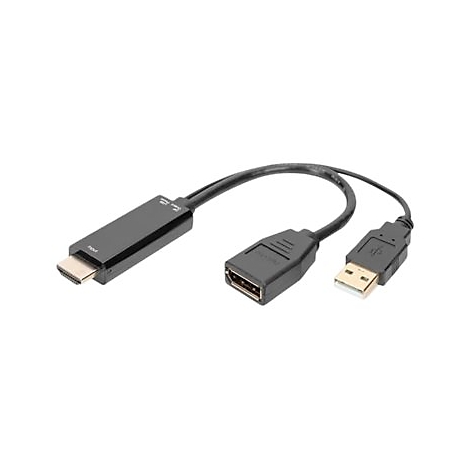 Un câble adaptateur HDMI vers USB noir allant de gauche à droite. Entrée est marquée sur le câble.