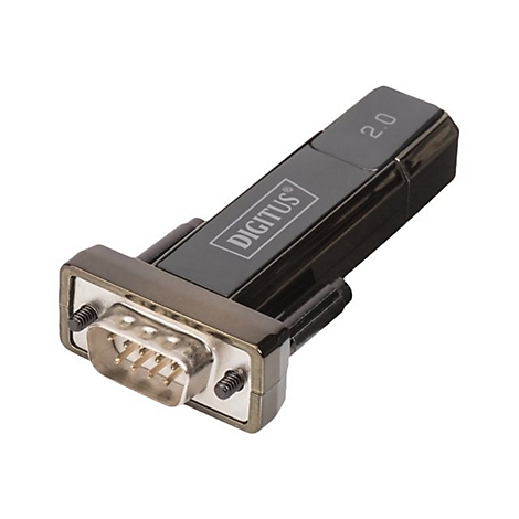 Adaptateur USB vers série noir avec connecteurs argentés et logo DIGITUS.