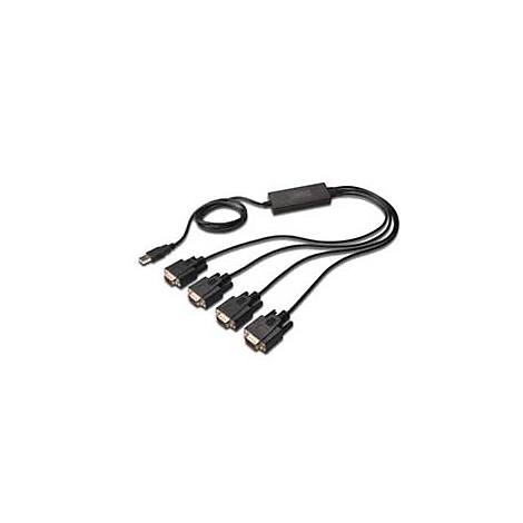 Câble noir avec connecteur USB-A, connecté à un répartiteur, d'où partent trois câbles VGA.