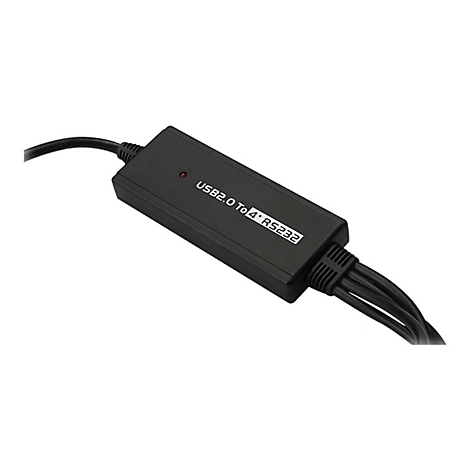 Un convertisseur noir USB 2.0 vers 4 * RS232. L'étiquette du produit est visible sur la surface. Plusieurs câbles sortent de l'adaptateur.