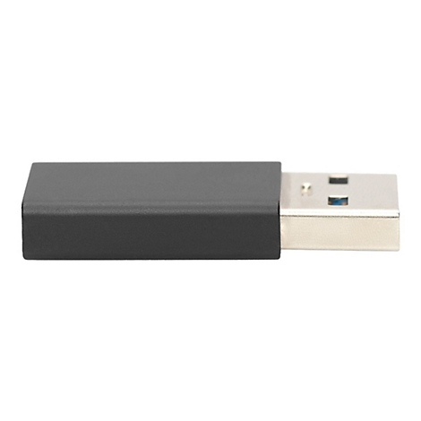 Un adaptateur USB noir sur fond blanc. Une extrémité est noire, l'autre argentée.