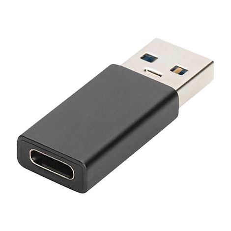 Un adaptateur USB-C vers USB-A noir. Sur fond blanc.