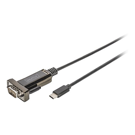 Câble USB-C vers RS232 noir avec logo Digitus. Une extrémité possède un connecteur USB-C, l'autre un connecteur RS232.