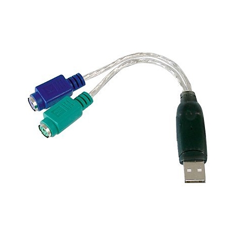 Câble adaptateur USB. Une extrémité avec deux connecteurs PS/2, bleu et vert, et une extrémité avec un connecteur USB. Câble foncé.