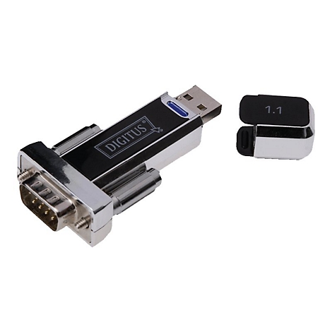 Adaptateur USB vers série de Digitus, noir et argent, avec couvercle amovible.