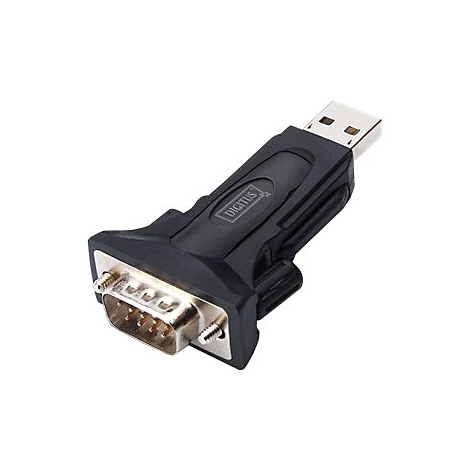 Adaptateur USB vers RS232 noir. L'adaptateur possède un connecteur USB-A, un port RS232 et un boîtier avec le logo Digitus.