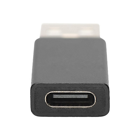 Gros plan d'un adaptateur USB-C noir avec intérieur argenté.