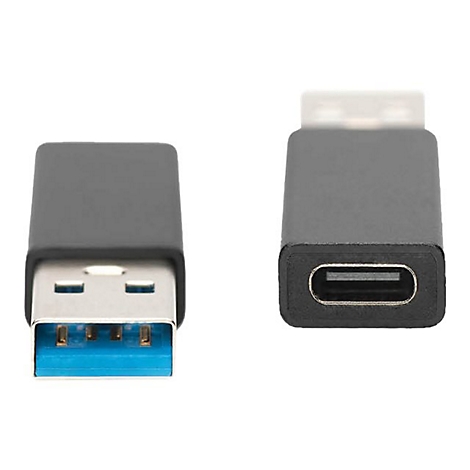 Deux adaptateurs USB : USB-A mâle et USB-C femelle, tous deux gris foncé avec des accents bleus et argentés.