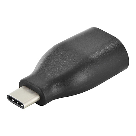 Adaptateur USB-C noir isolé sur fond blanc.