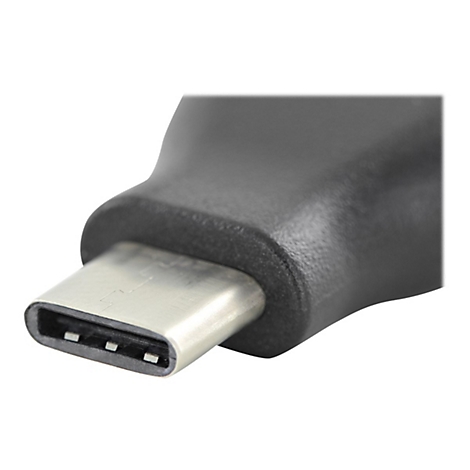 Gros plan sur un connecteur USB-C en métal et plastique noir, isolé sur fond blanc.
