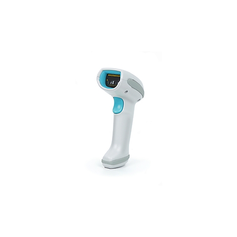 Ein hellgrauer Handscanner für Barcodes mit türkisen Akzenten steht auf weißem Hintergrund.