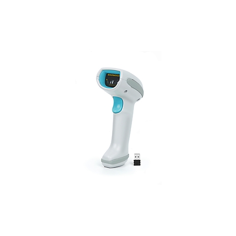 Ein weiß-grauer Barcode-Scanner mit hellblauer Taste vor weißem Hintergrund, daneben ein kleiner USB-Empfänger.