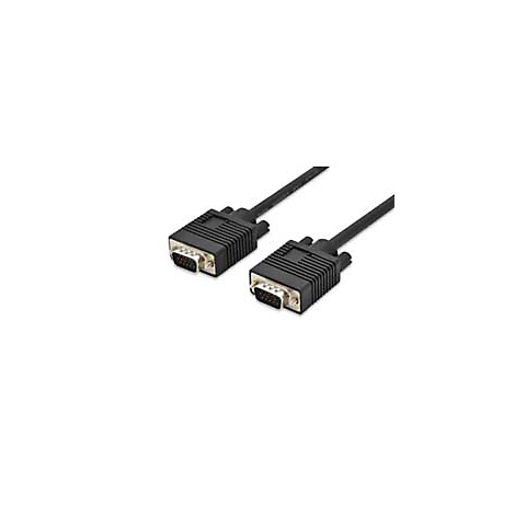 Ein schwarzes VGA-Kabel mit Steckern an beiden Enden, isoliert auf weißem Hintergrund.