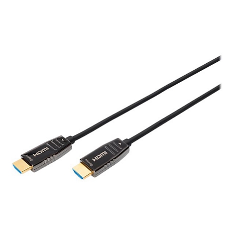 Ein schwarzes HDMI-Kabel mit Steckern an beiden Enden. Auf den Steckern steht „HDMI Display“ und „HDMI Source“.