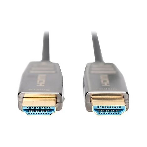 Zwei HDMI-Kabel mit grauen Kabeln und silberfarbenen Steckern. Die Stecker haben goldene Kontakte und blaue Buchsen.