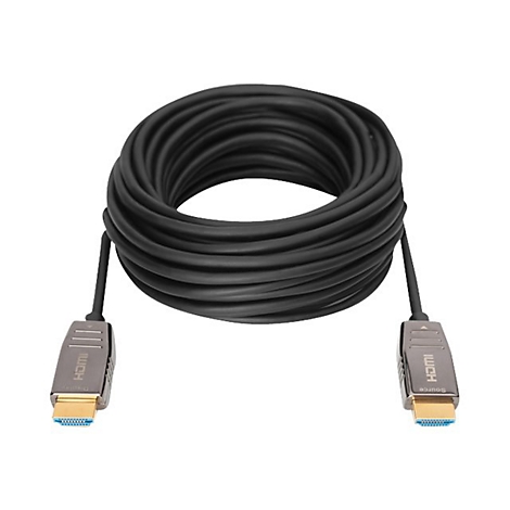 Schwarzes HDMI-Kabel, gerollt. Metallische Stecker, golden und blau, mit HDMI-Aufschrift.